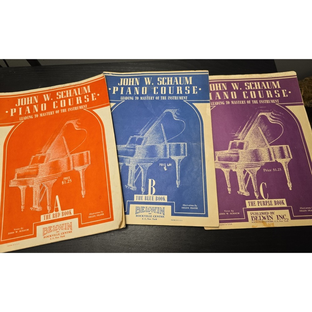 Vintage 1945 John W. Schaum Piano Course Books Lot of 3 Red Blue Purple ABC